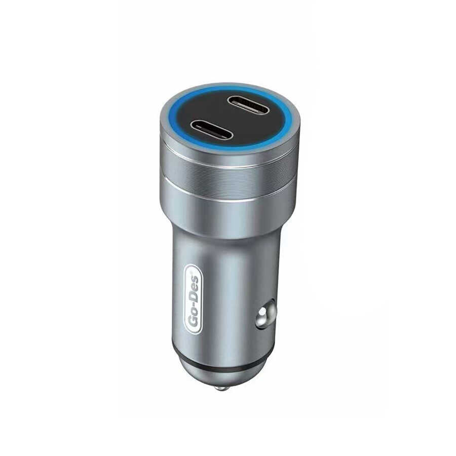 Go Des GD-QC2019 Çift PD Çıkışlı Metal Araç Şarj Başlığı Led Işıklı 40W Siyah