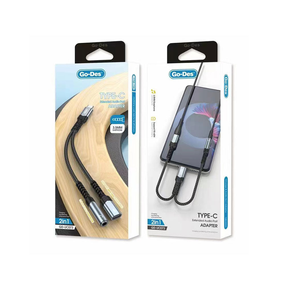Go Des GD-UC073 3.5mm Jack Girişli Type-C 2in1 Şarj ve Ses Kablosu Gri