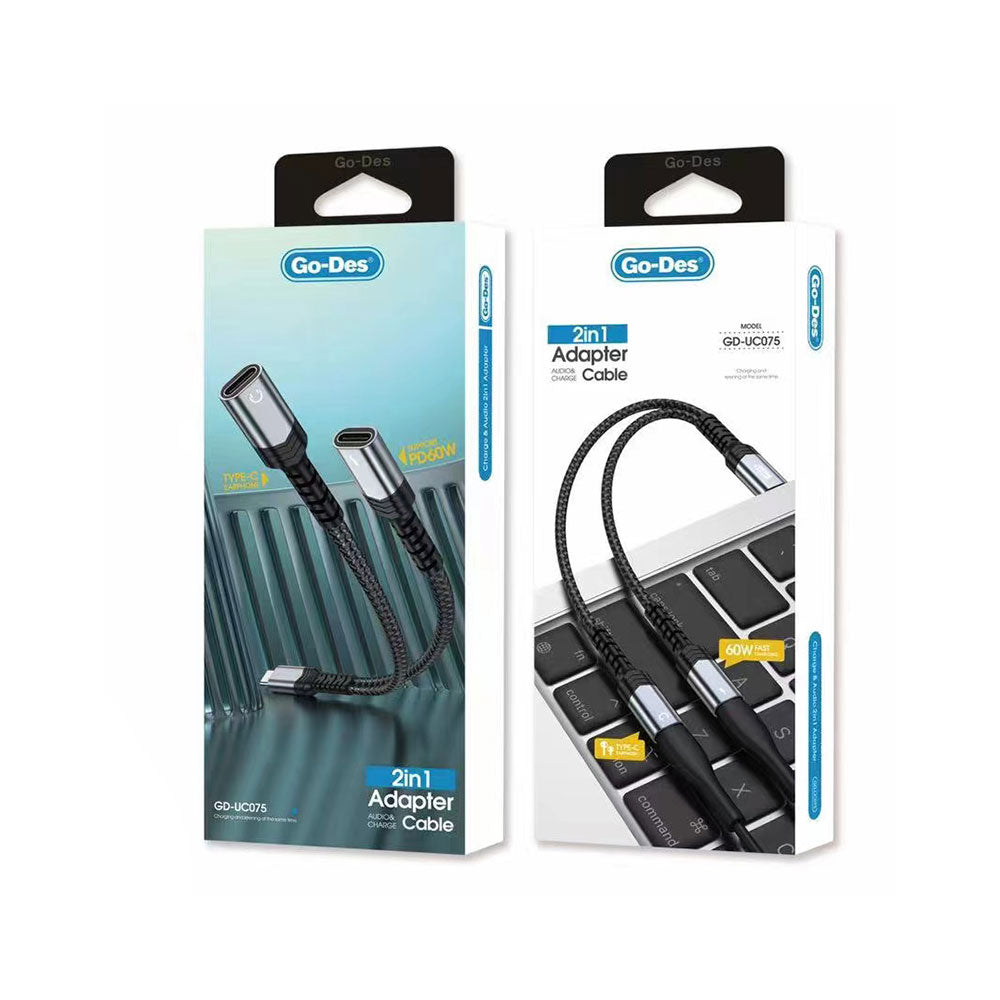 Go Des GD-UC075 Type-C 2in1 Şarj ve Ses Kablosu Gri