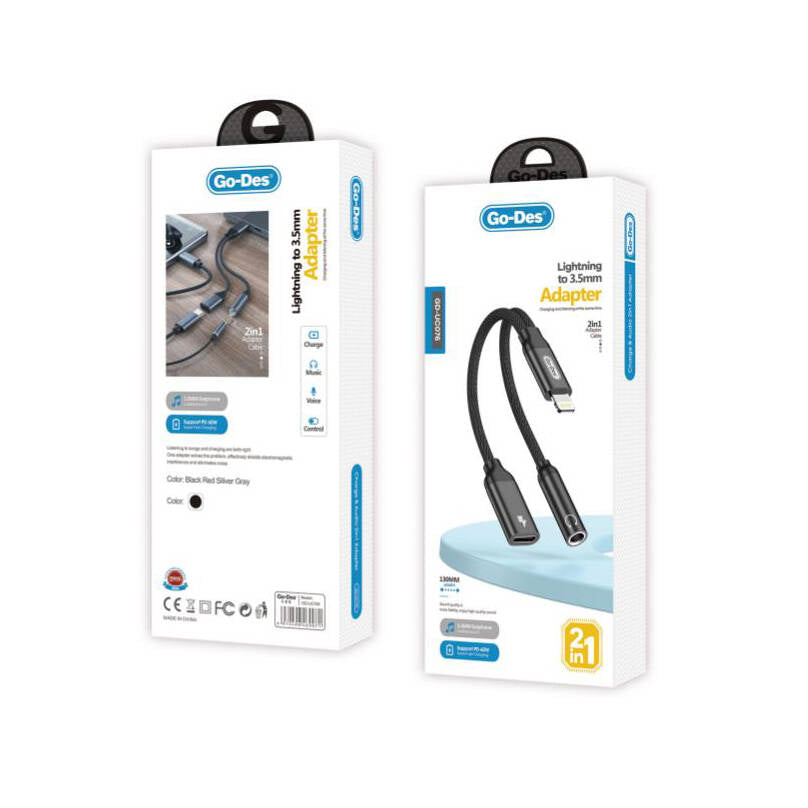 Go Des GD-UC076 3.5mm Jack Girişli Lightning 2in1 Şarj ve Ses Kablosu Siyah