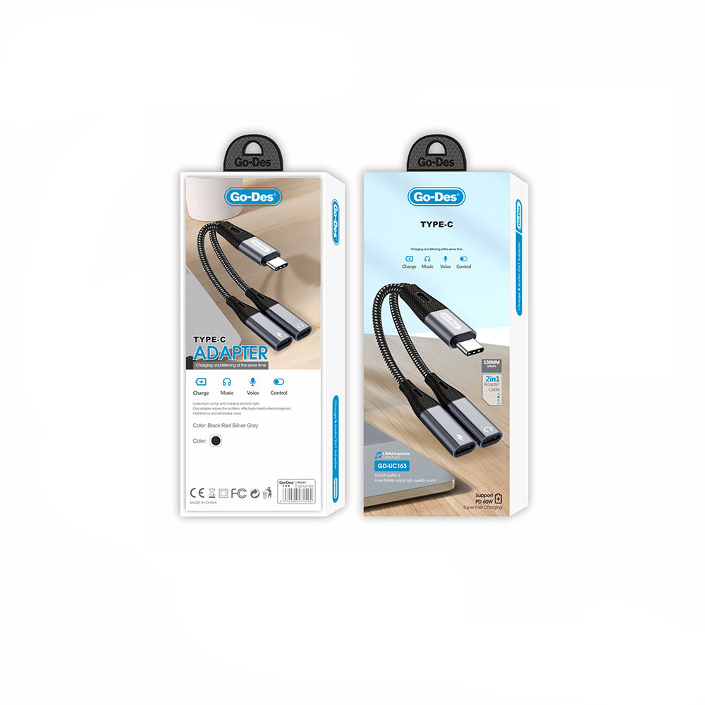 Go Des GD-UC163 Type-C 2in1 Şarj ve Ses Kablosu Siyah