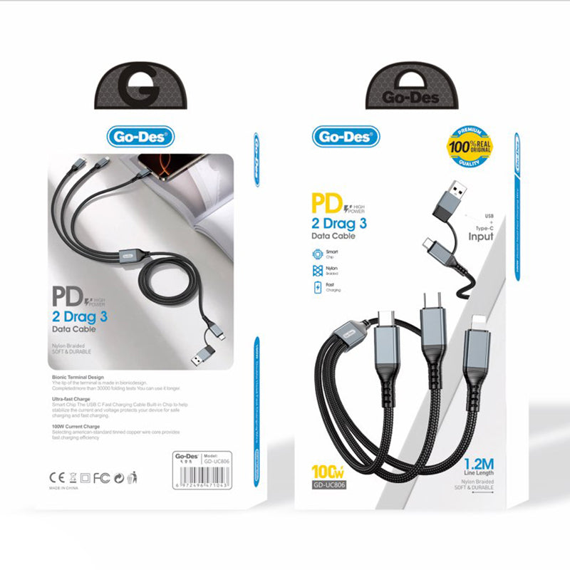 Go Des GD-UC806 3in2 Lightning – Type-C – Type-C Hızlı Şarj Kablosu 100W 1M Gri