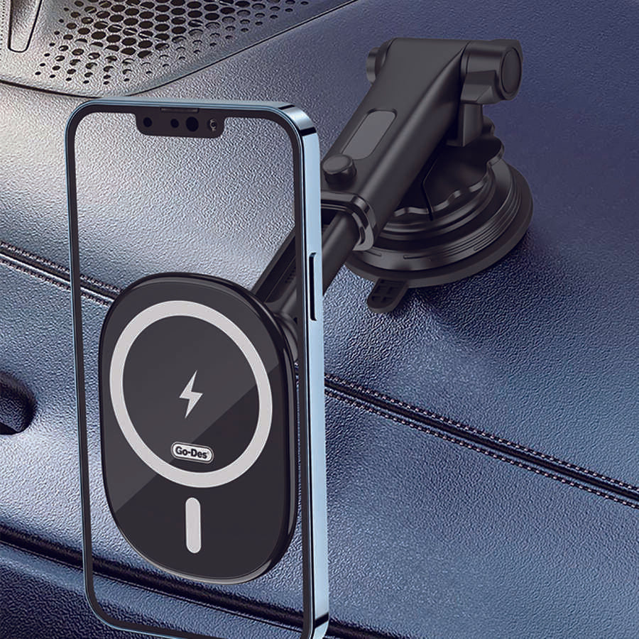 Go Des GD-WL398 Magnetik Wireless Şarj Özellikli 2 in 1 Telefon Tutucu Vantuzlu Tasarım Siyah