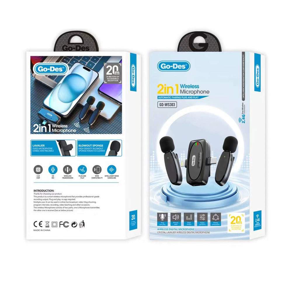 Go Des GD-WS303 2in1 Type-C ve Lightning Portlu Kablosuz Yaka Mikrofonu Siyah