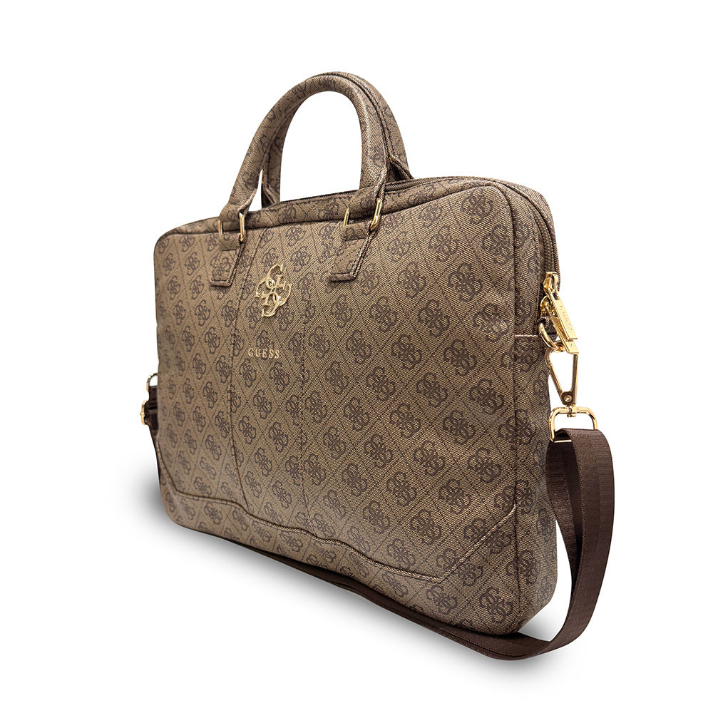 Guess Orjinal Lisanslı 4G Desenli Büyük 4G Logolu Omuz Askılı 15 inç Laptop Çantası Kahverengi