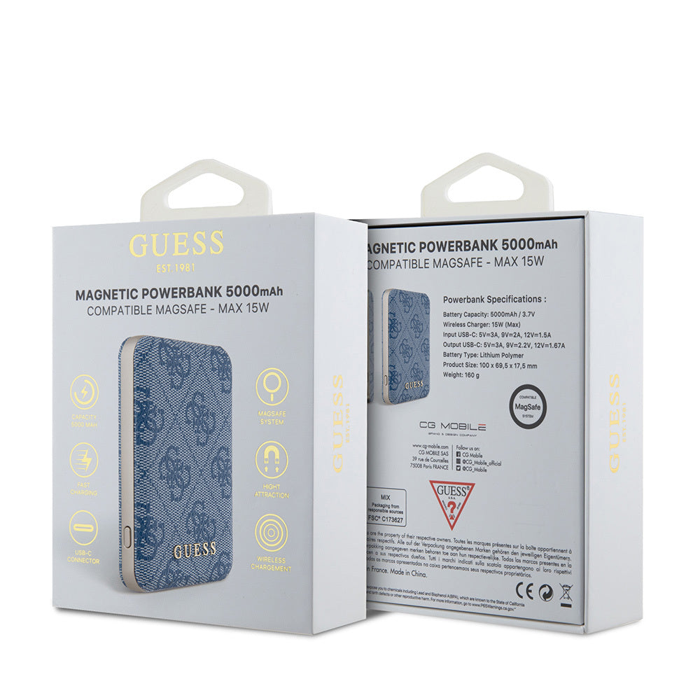 Guess Orjinal Lisanslı Dijital Led Göstergeli PU Deri 4G Desenli Metal Yazı Logolu Powerbank 5000mAh 15W Pembe