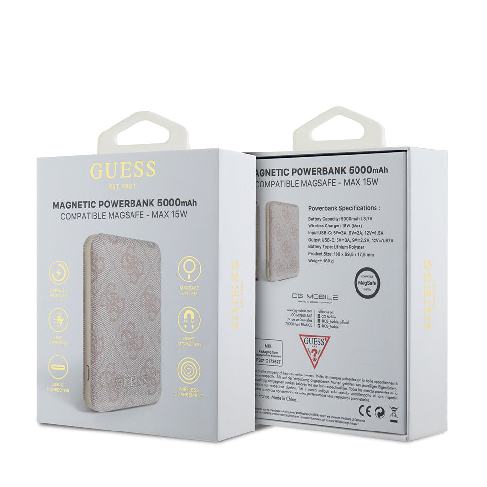 Guess Orjinal Lisanslı Dijital Led Göstergeli PU Deri 4G Desenli Metal Yazı Logolu Powerbank 5000mAh 15W Siyah