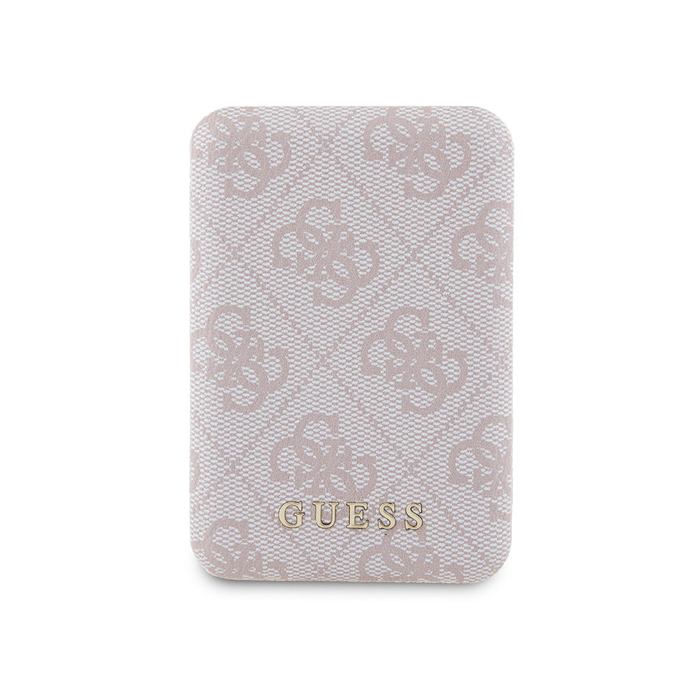 Guess Orjinal Lisanslı Dijital Led Göstergeli PU Deri 4G Desenli Metal Yazı Logolu Powerbank 5000mAh 15W Pembe