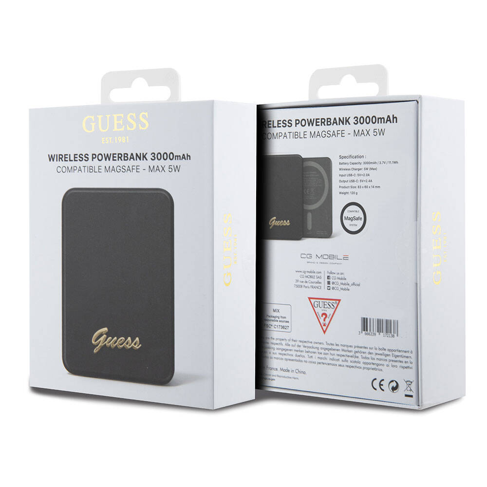 Guess Orjinal Lisanslı M-safe Şarj Özellikli Metal Yazı Logolu Powerbank 3000mAh 5W Siyah