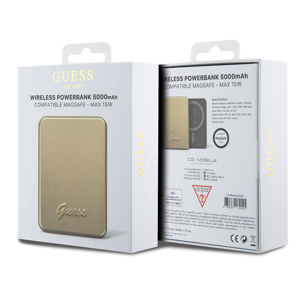 Guess Orjinal Lisanslı M-safe Şarj Özellikli Metal Yazı Logolu Powerbank 5000mAh 15W Siyah