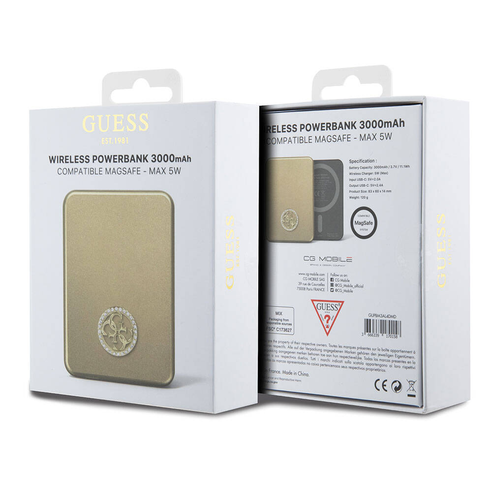 Guess Orjinal Lisanslı M-safe Şarj Özellikli Taşlı 4G Logolu Powerbank 3000mAh 5W Siyah