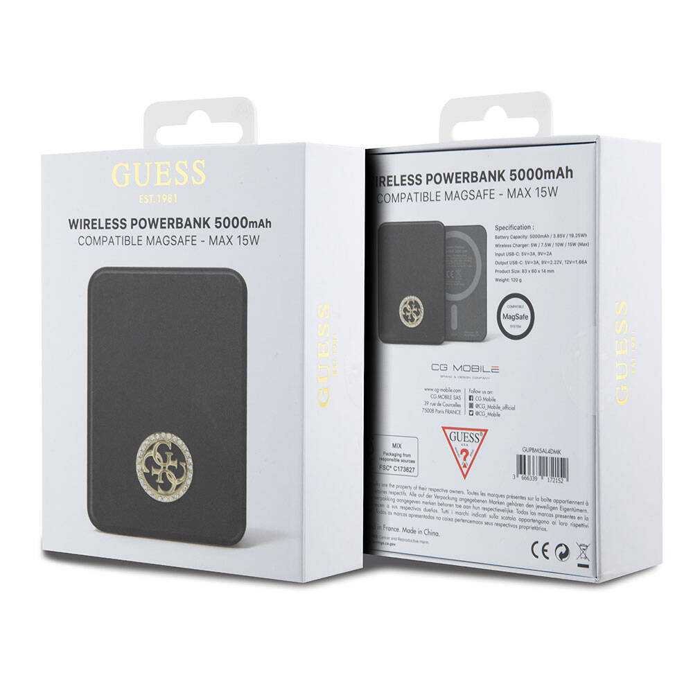 Guess Orjinal Lisanslı M-safe Şarj Özellikli Taşlı 4G Logolu Powerbank 5000mAh 15W Gold