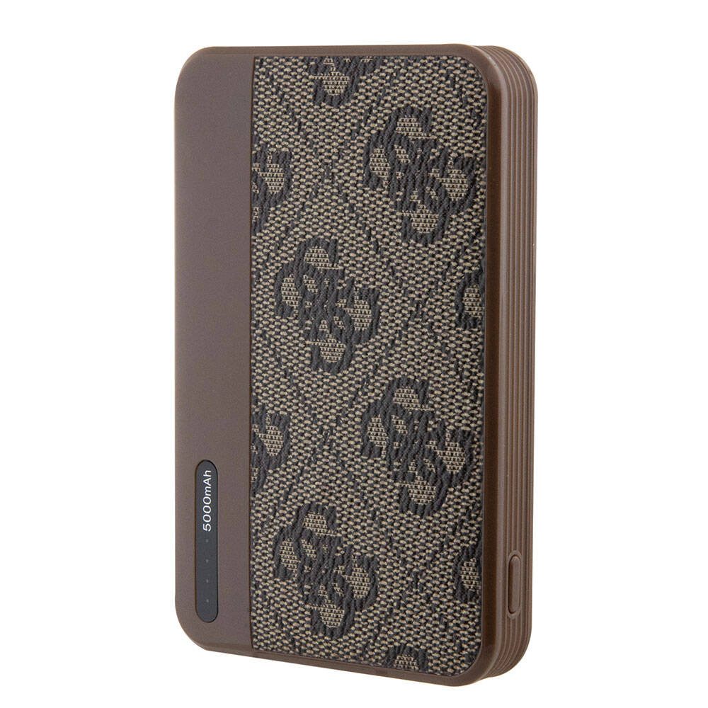 Guess Orjinal Lisanslı PU Deri 4G Desenli Metal Yazı Logolu Powerbank 5000mAh Kahverengi