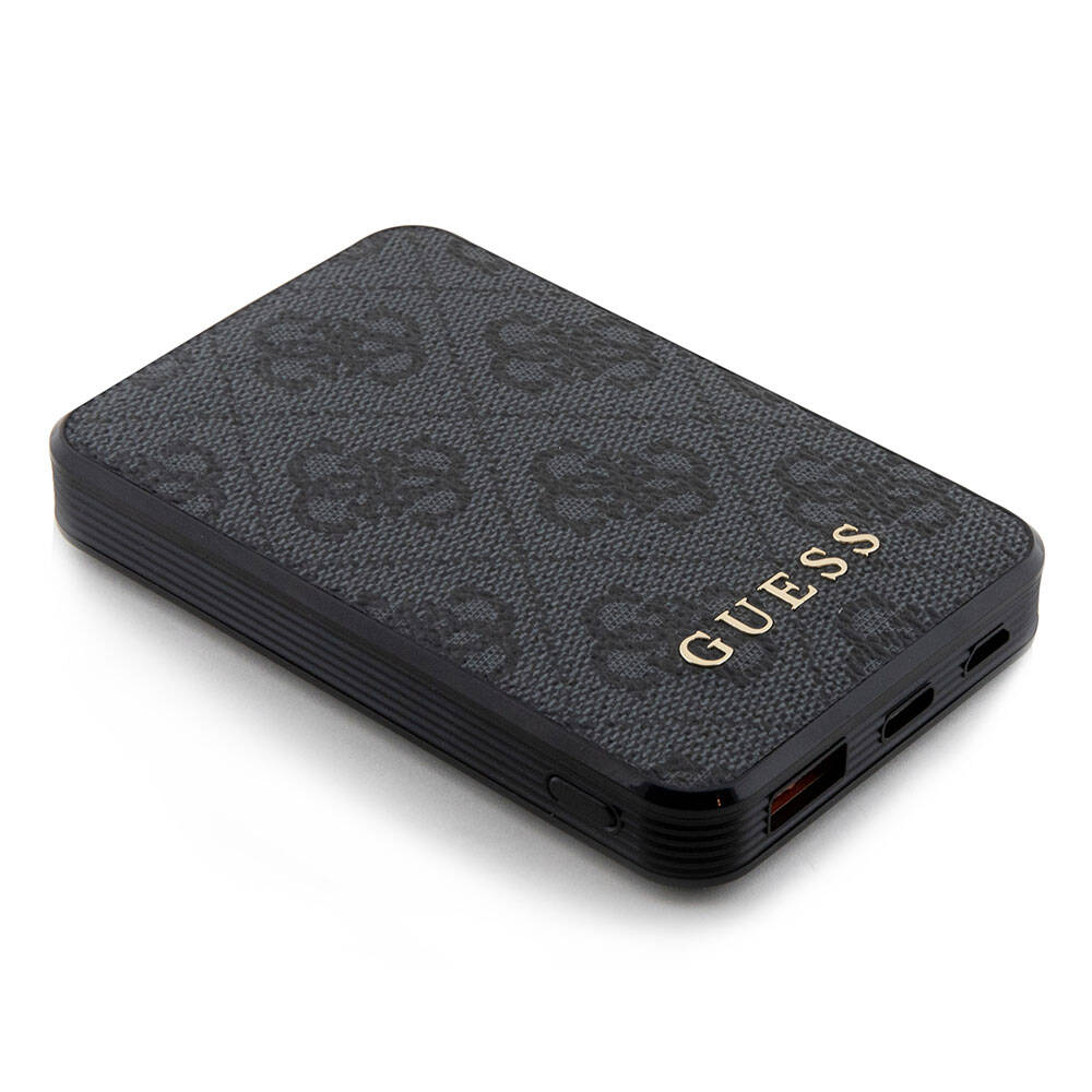 Guess Orjinal Lisanslı PU Deri 4G Desenli Metal Yazı Logolu Powerbank 5000mAh Siyah