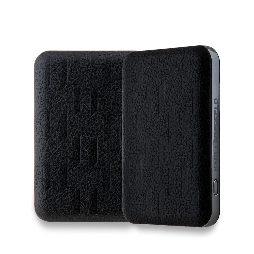 Karl Lagerfeld Orjinal Lisanslı M-safe Şarj Özellikli Led Işık Göstergeli Metal Logolu PU Deri Powerbank 5000mAh Siyah