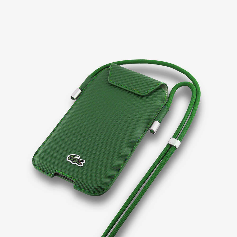 Lacoste Orjinal Lisanslı Çapraz Vücut Askılı PU Pike Desenli 6.7 inç'e Kadar Universal Kılıf Lacivert