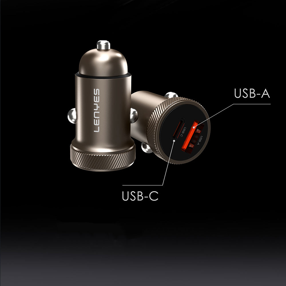 Lenyes CA57 Hızlı Şarj Özellikli Dual Type-C + USB-A Portlu Mini Araç Şarj Aleti 30W Kahverengi