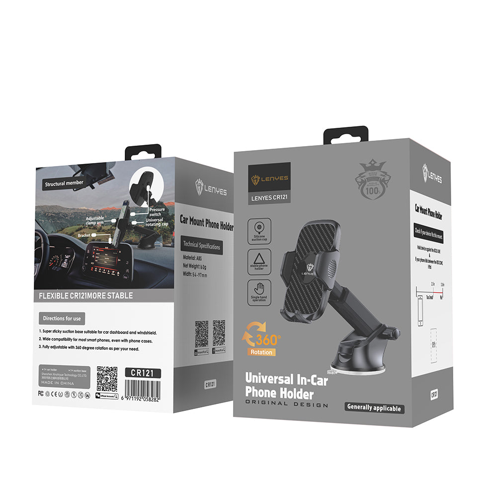 Lenyes CR121 Sarsıntı Önleyici 360° Derece Dönebilen Teleskopik Vantuzlu Tasarım Araç Telefon Tutucu Siyah