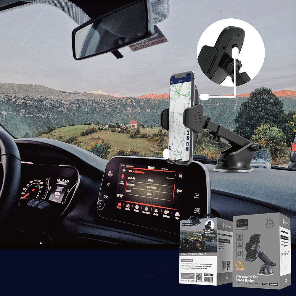 Lenyes CR121 Sarsıntı Önleyici 360° Derece Dönebilen Teleskopik Vantuzlu Tasarım Araç Telefon Tutucu Siyah