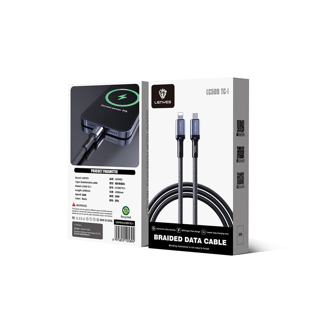 Lenyes LC509 Type-C to Lightning PD 30W Örgü Tasarımlı Hızlı Şarj Özellikli Data ve Şarj Kablosu 1M Siyah