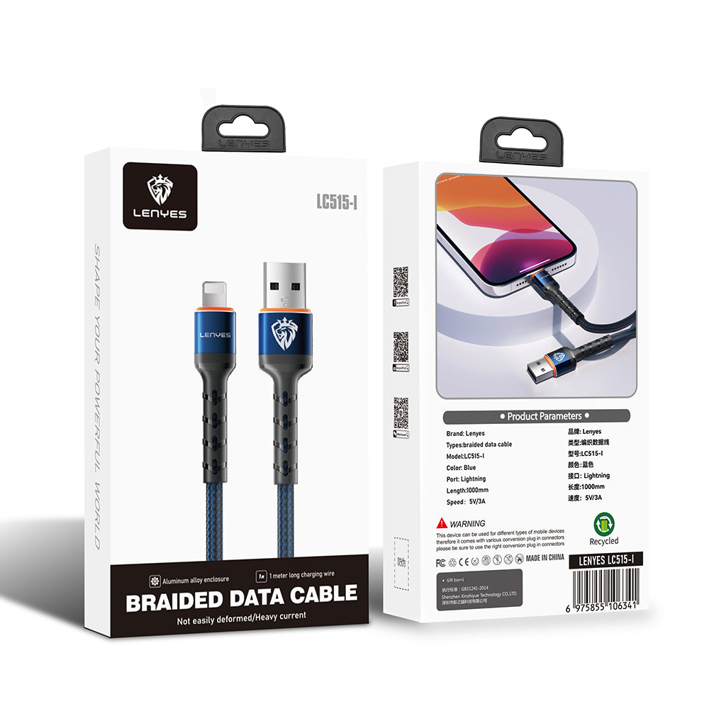 Lenyes LC515 USB-A to Lightning Hızlı Şarj Özellikli Örgülü Data ve Şarj Kablosu 3A 1M Mavi