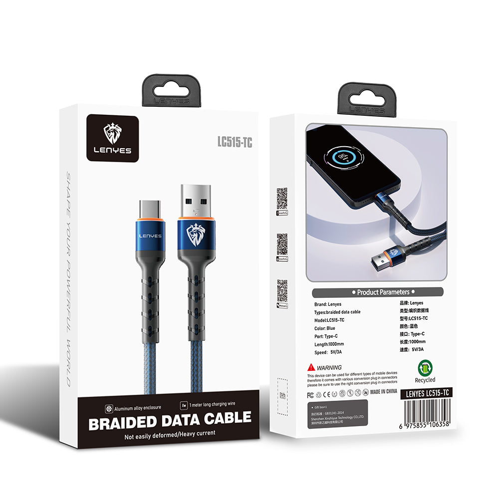 Lenyes LC515 USB-A to Type-C Hızlı Şarj Özellikli Örgülü Data ve Şarj Kablosu 3A 1M Mavi