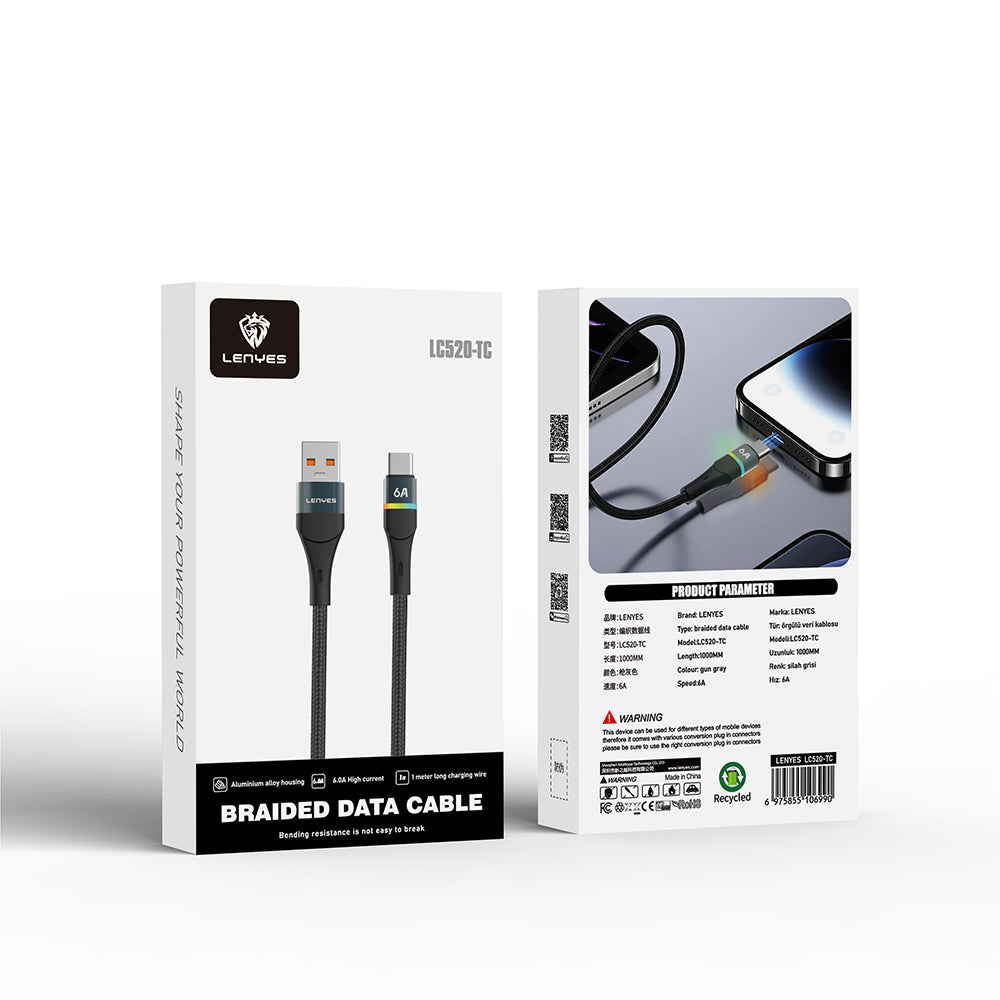 Lenyes LC520 USB-A to Type-C 6A Örgü Tasarımlı Hızlı Şarj Özellikli Data ve Şarj Kablosu 66W 1M Siyah