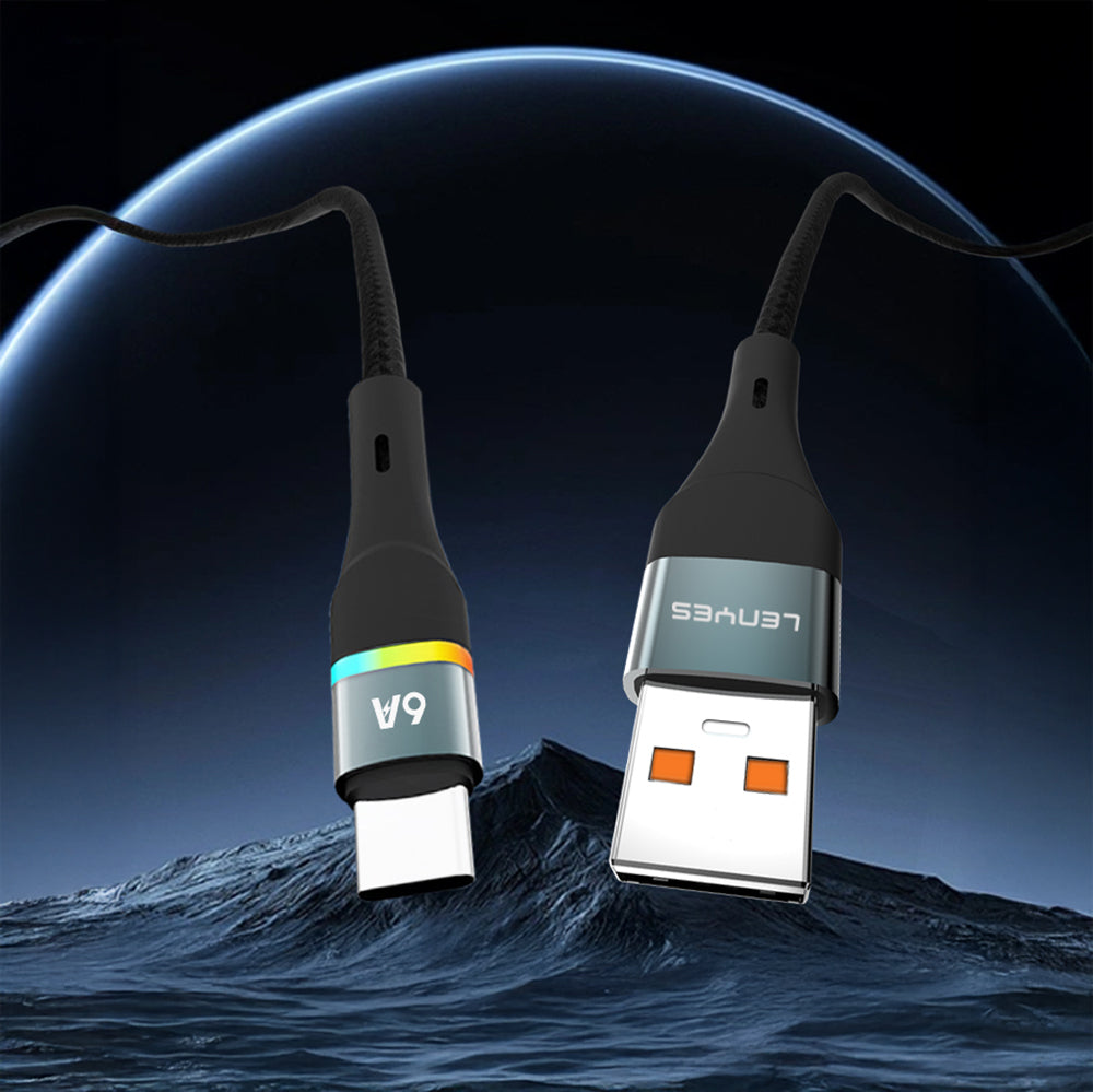 Lenyes LC520 USB-A to Type-C 6A Örgü Tasarımlı Hızlı Şarj Özellikli Data ve Şarj Kablosu 66W 1M Siyah