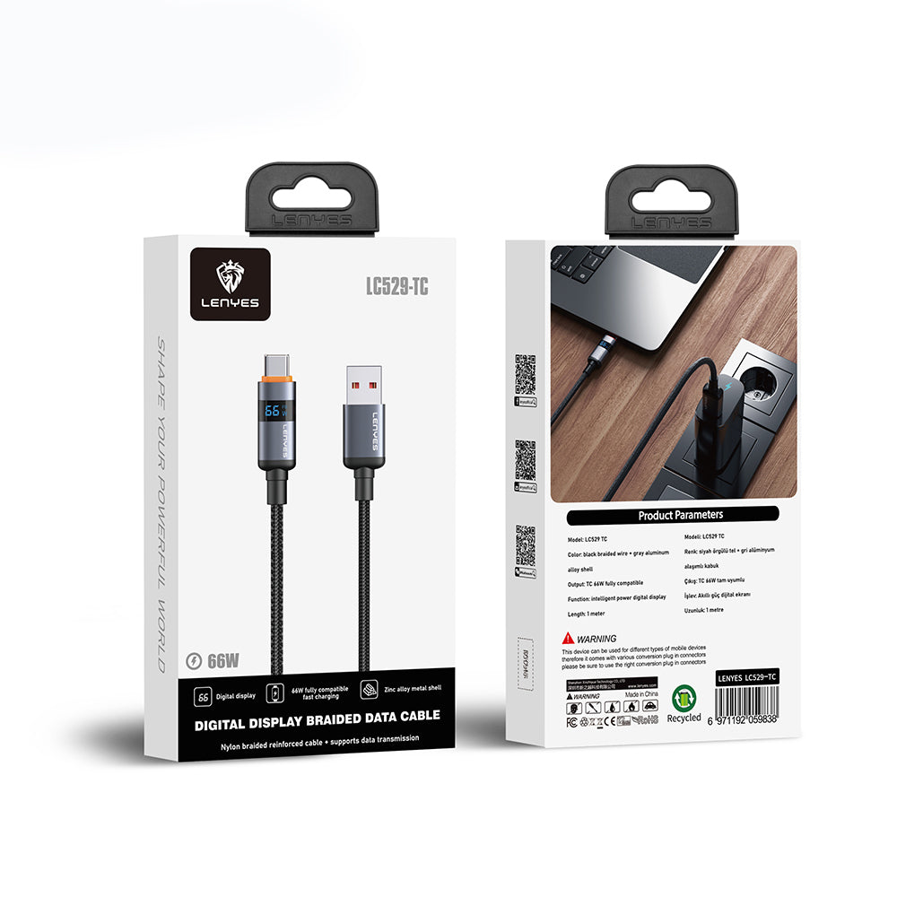 Lenyes LC529 USB-A to Type-C LED Dijital Göstergeli Hızlı Şarj Özellikli Data ve Şarj Kablosu 66W 1M Siyah