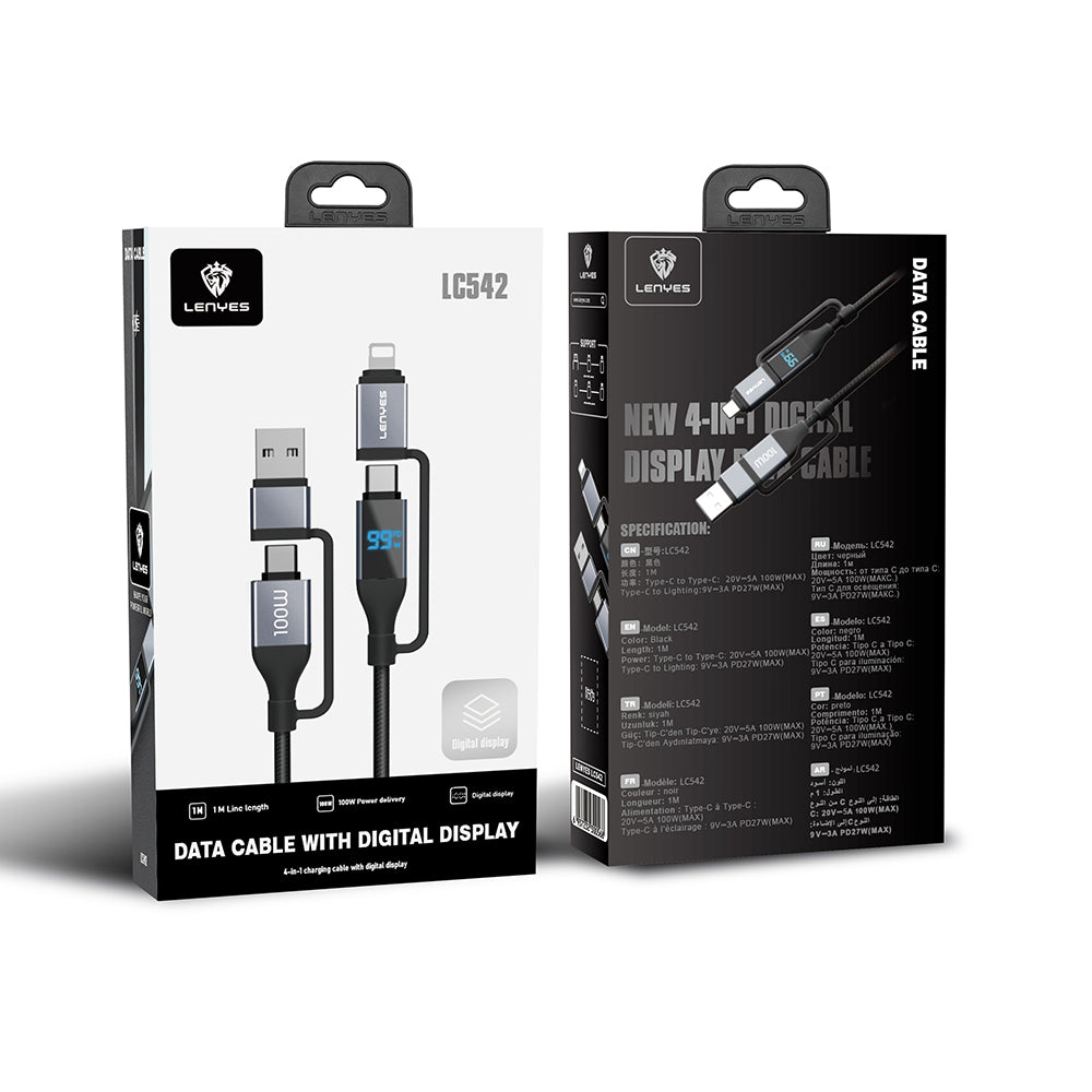 Lenyes LC542 Dijital Göstergeli 4in1 USB-A - Type-C + Type-C to Lightning 100W 1M Siyah