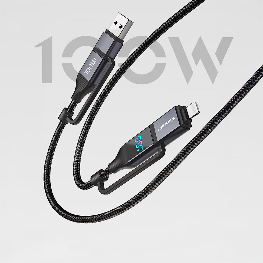Lenyes LC542 Dijital Göstergeli 4in1 USB-A - Type-C + Type-C to Lightning 100W 1M Siyah