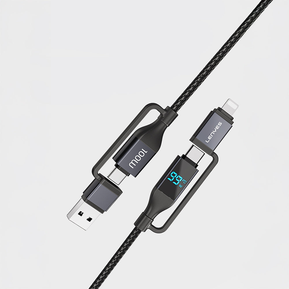 Lenyes LC542 Dijital Göstergeli 4in1 USB-A - Type-C + Type-C to Lightning 100W 1M Siyah