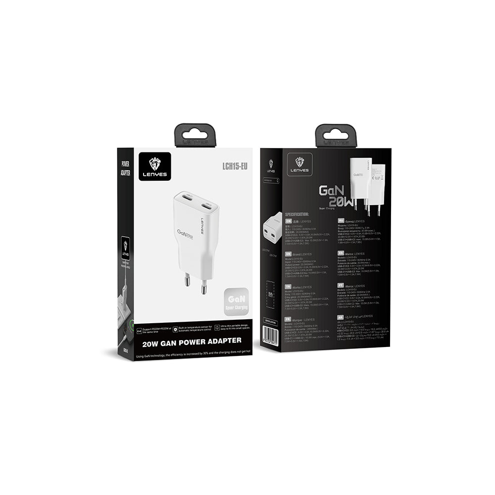 Lenyes LCH15 Dual Type-C PD GaN Teknolojili Hızlı Şarj Başlığı 20W Beyaz
