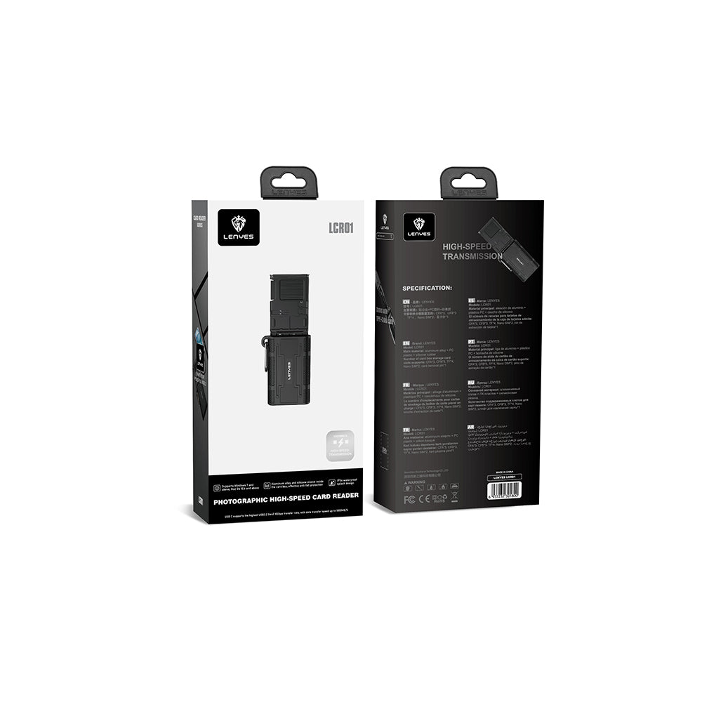 Lenyes LCR01 Type-C Kablolu Su Geçirmez Çoklu Kart Depolama ve Okuyucu Kutusu 10 Gbps Siyah