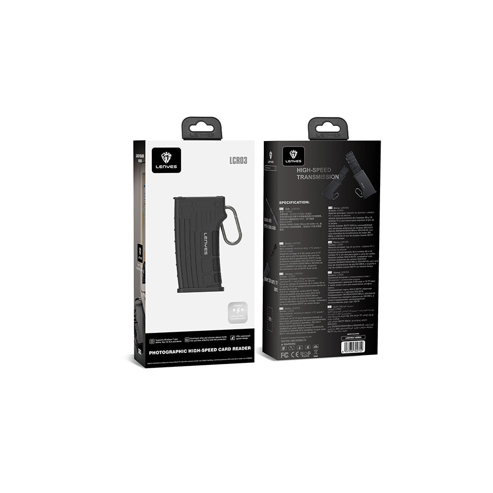 Lenyes LCR03 Type-C Kablolu Su Geçirmez Çoklu Kart Depolama ve Okuyucu Kutusu 10 Gbps Siyah