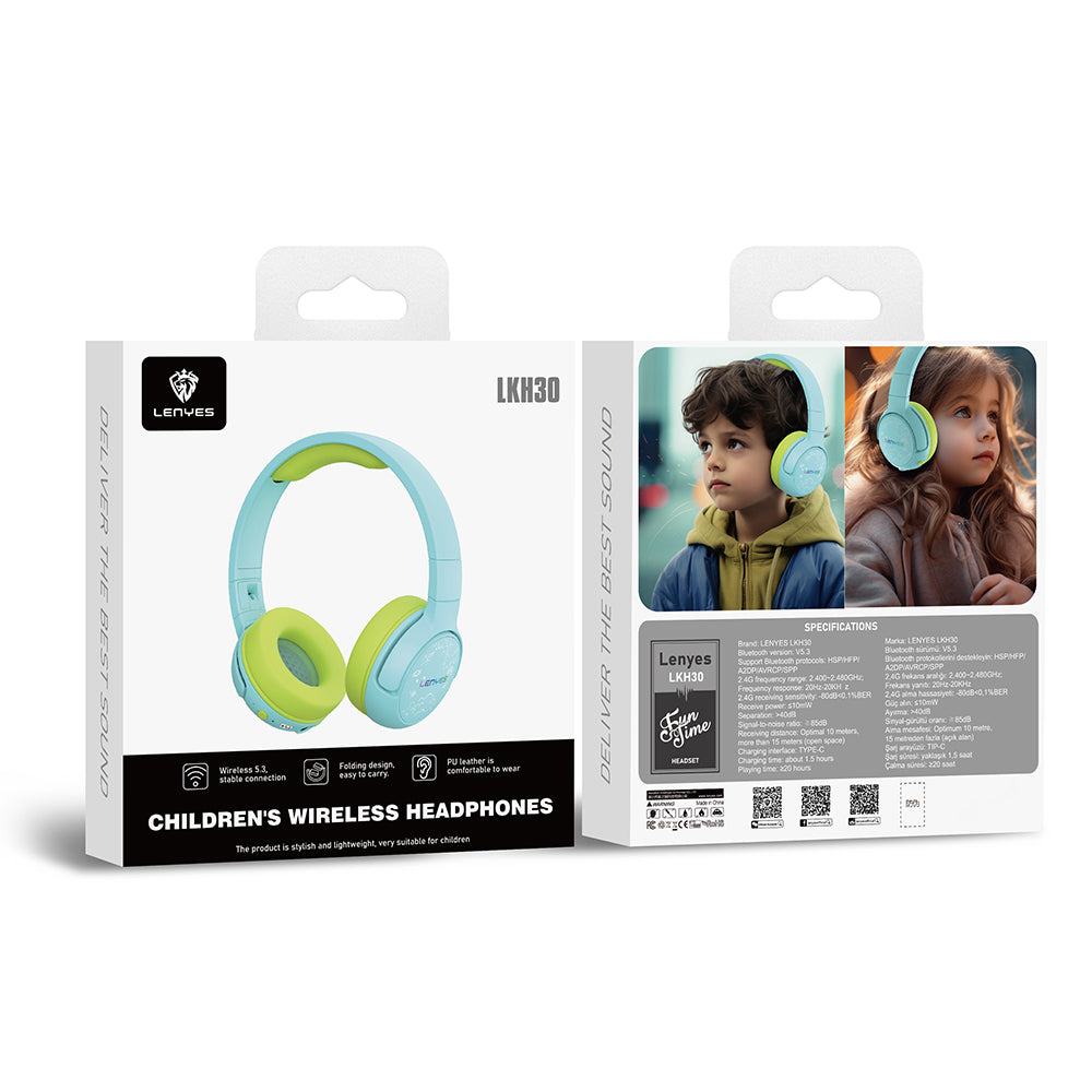 Lenyes LKH30 Ayarlanabilir Katlanabilir Çocuklara Özel Işık Efektli Kulak Üstü Kablolu ve Bluetooth Kulaklık v5.3 Yeşil