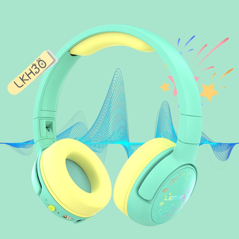 Lenyes LKH30 Ayarlanabilir Katlanabilir Çocuklara Özel Işık Efektli Kulak Üstü Kablolu ve Bluetooth Kulaklık v5.3 Yeşil