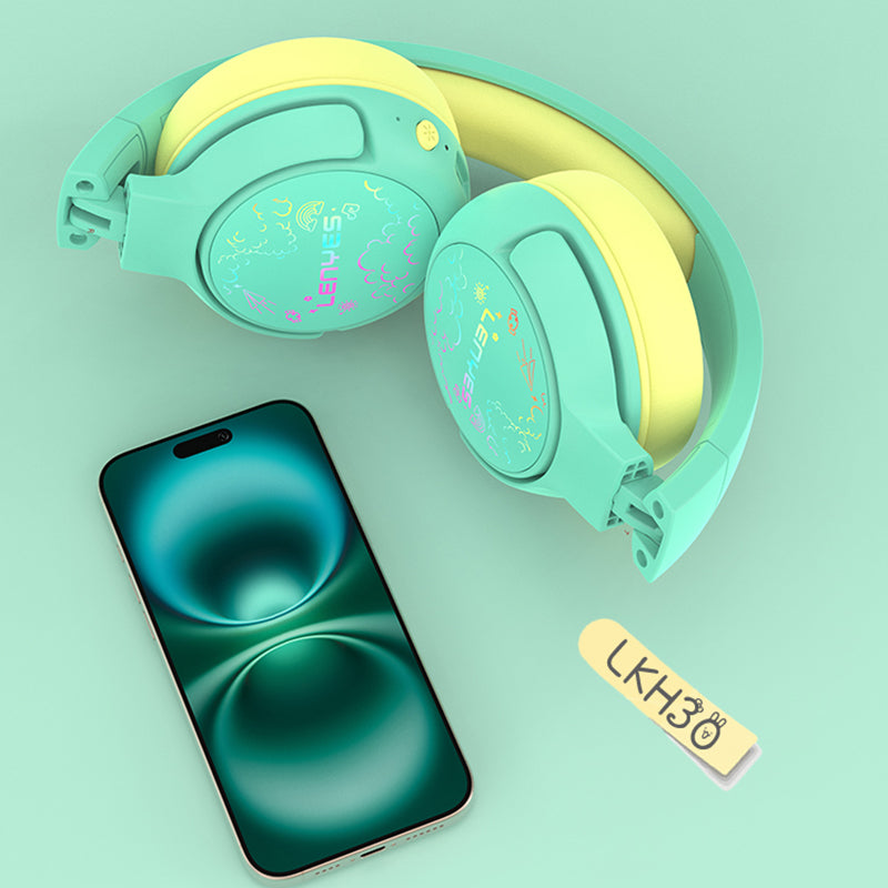 Lenyes LKH30 Ayarlanabilir Katlanabilir Çocuklara Özel Işık Efektli Kulak Üstü Kablolu ve Bluetooth Kulaklık v5.3 Yeşil