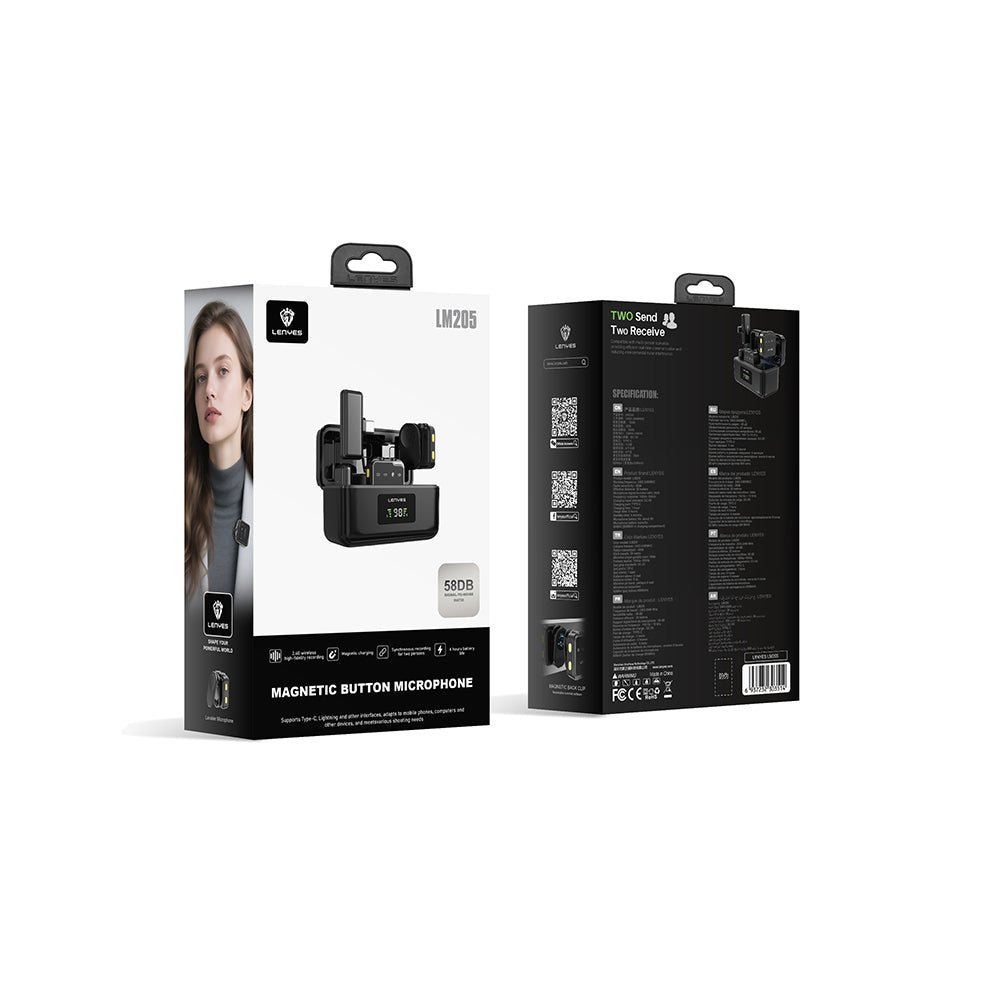 Lenyes LM205 2in1 Type-C Şarj Portlu Yapay Zeka Gürültü Engelleyicili Type-C ve Lightning Bağlantılı Kablosuz Yaka Mikrofonu Siyah
