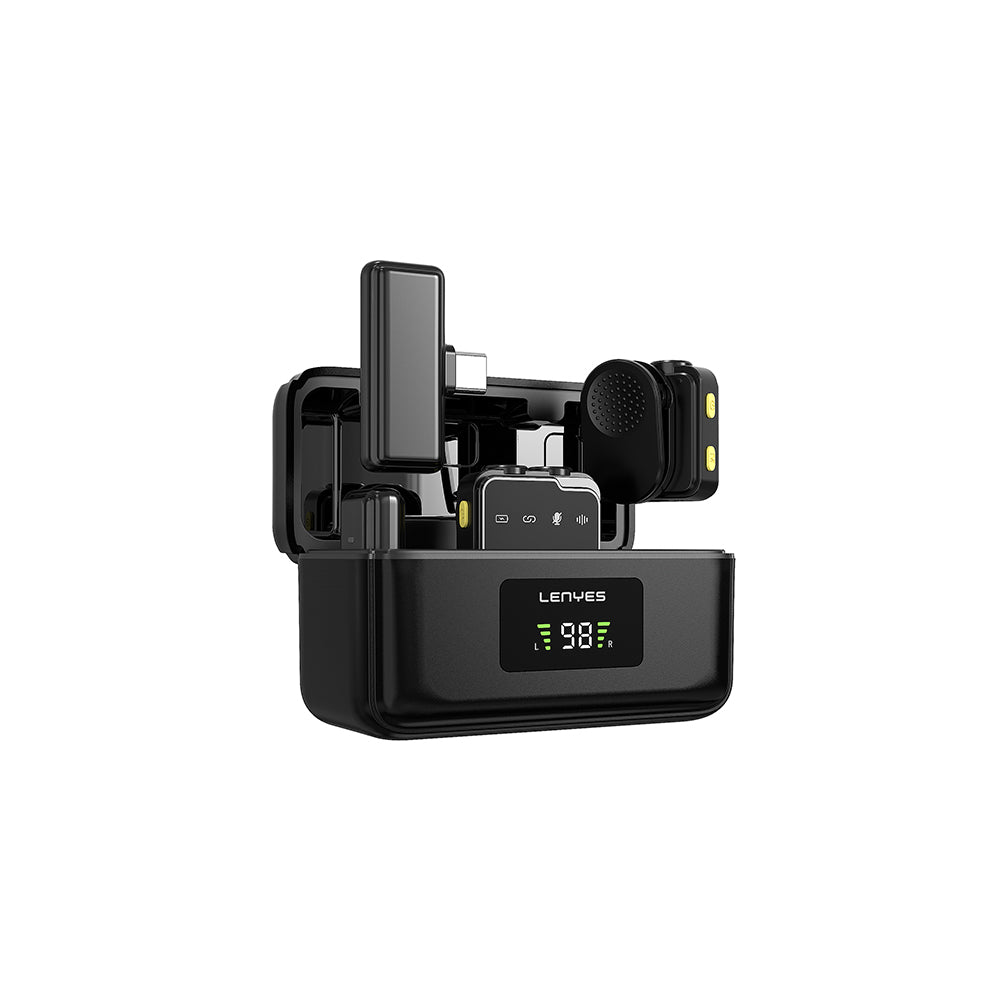 Lenyes LM205 2in1 Type-C Şarj Portlu Yapay Zeka Gürültü Engelleyicili Type-C ve Lightning Bağlantılı Kablosuz Yaka Mikrofonu Siyah