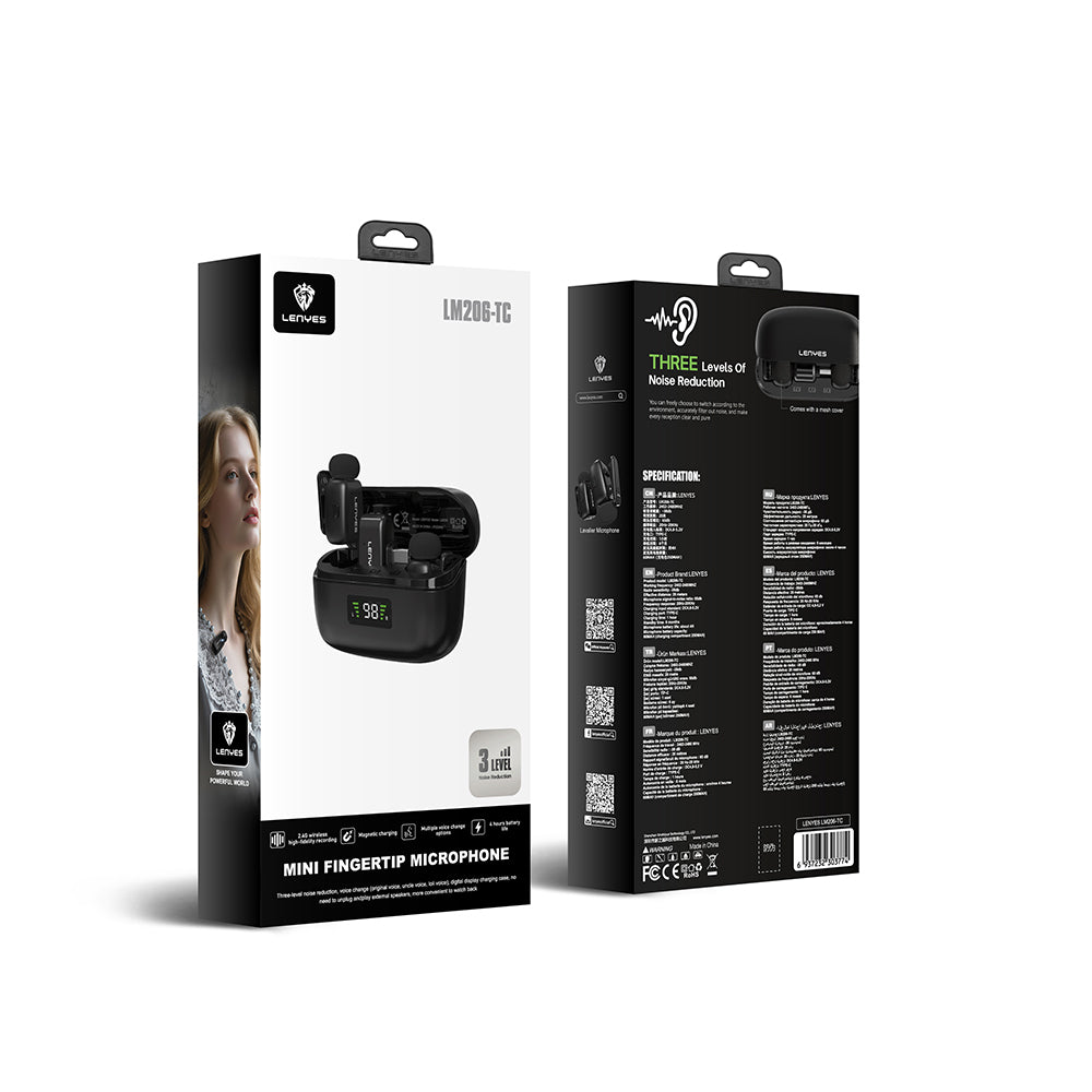 Lenyes LM206 Dijital LED Göstergeli Type-C Portlu Kablosuz Yaka Mikrofonu Siyah