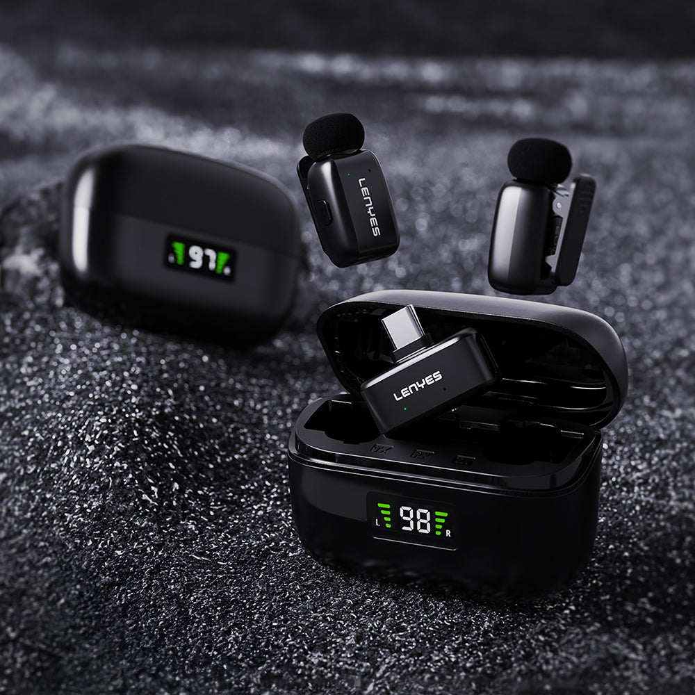 Lenyes LM206 Dijital LED Göstergeli Type-C Portlu Kablosuz Yaka Mikrofonu Siyah