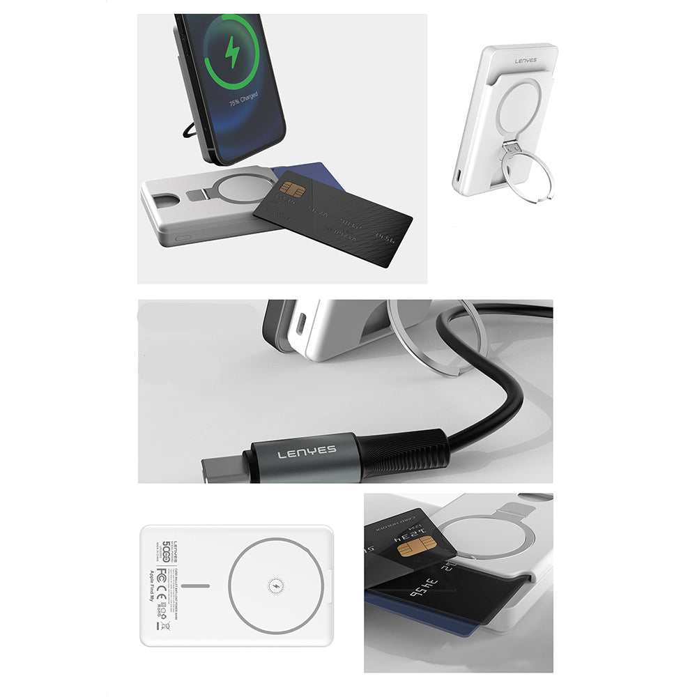 Lenyes PW0006D PD 20W Hızlı Şarj Özellikli Kartlıklı Standlı Wireless Powerbank 15W 5000mAh Beyaz