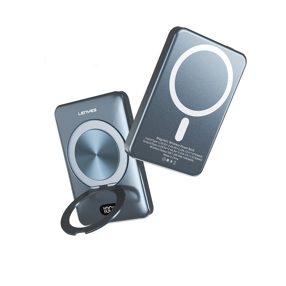 Lenyes PW0007D 20W Dijital LED Ekranlı Yüzük Standlı Wireless Powerbank 15W 5000mAh Füme