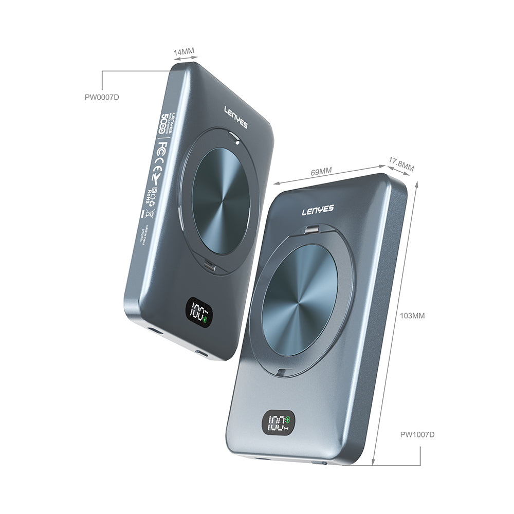 Lenyes PW0007D 20W Dijital LED Ekranlı Yüzük Standlı Wireless Powerbank 15W 5000mAh Füme