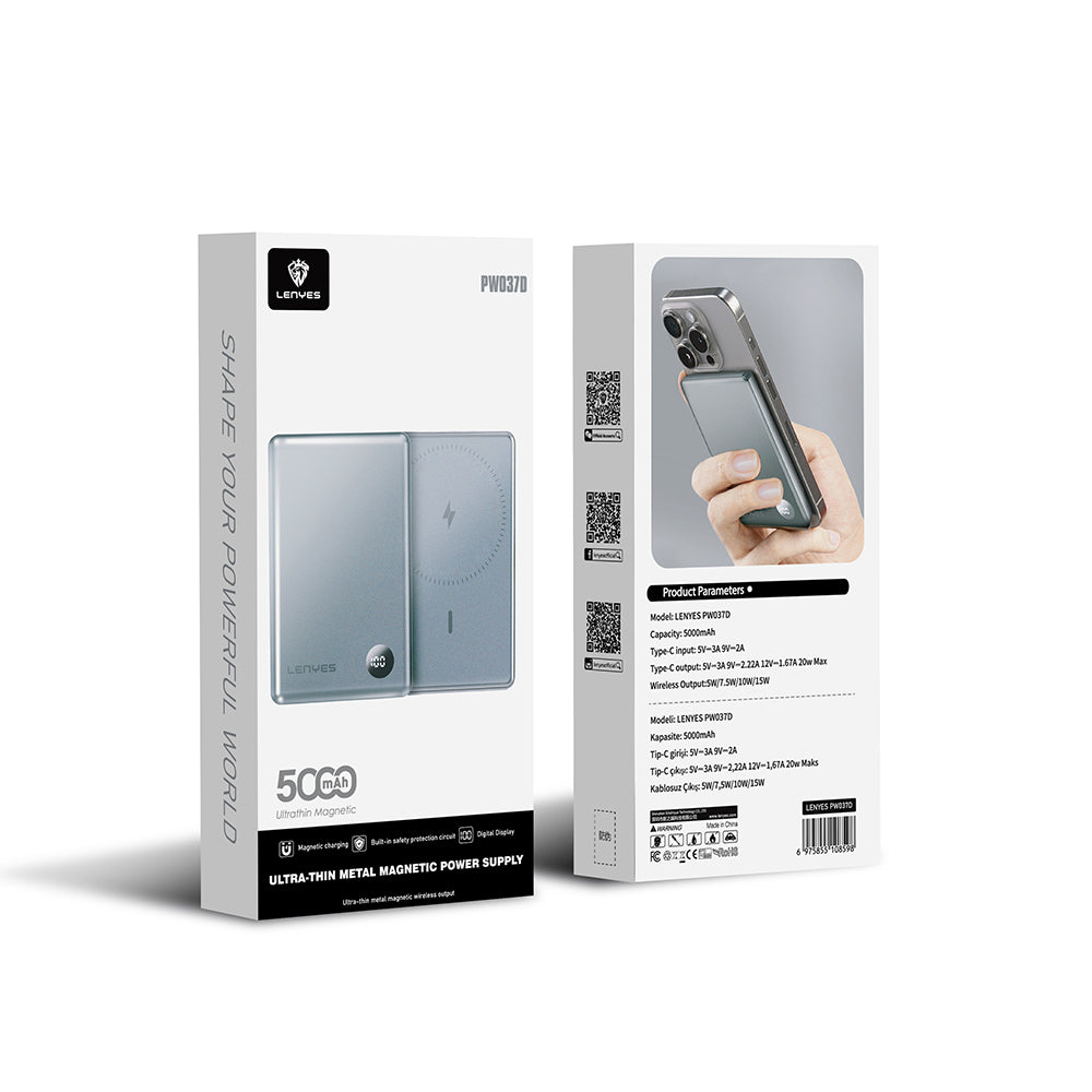 Lenyes PW037D Ultra İnce Dijital LED Ekranlı Wireless Powerbank 5000mAh Gri