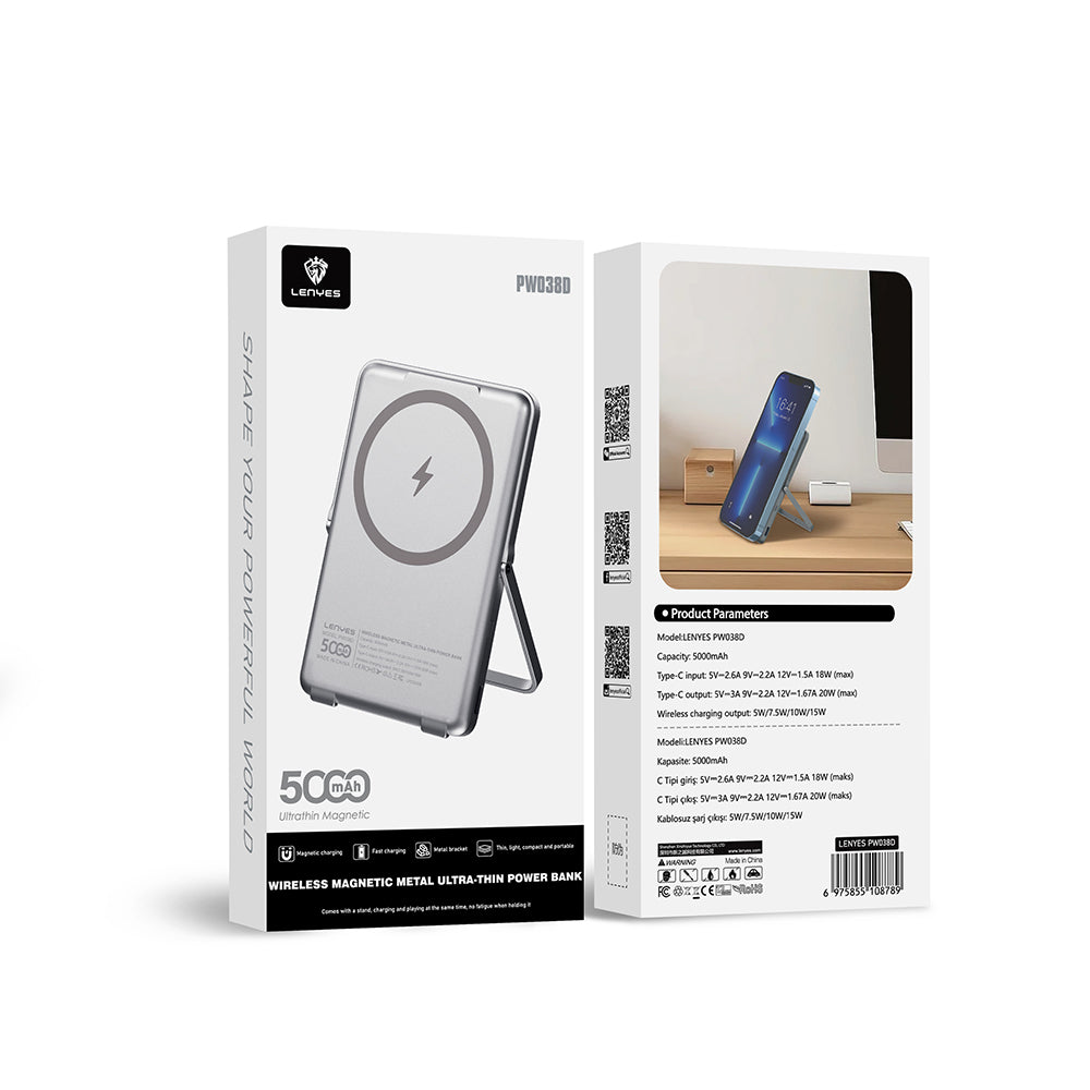 Lenyes PW038D 20W Ultra İnce Standlı Wireless Powerbank 15W 5000mAh Gümüş