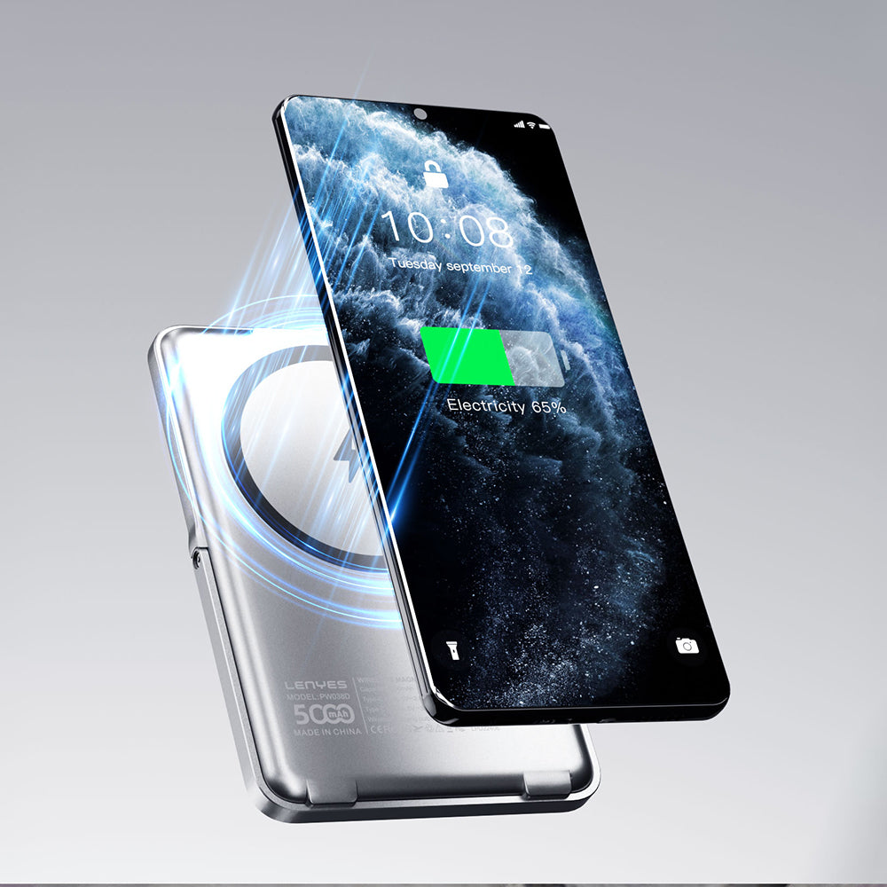 Lenyes PW038D 20W Ultra İnce Standlı Wireless Powerbank 15W 5000mAh Gümüş