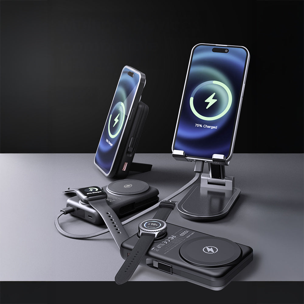 Lenyes PW1003D 22.5W Dijital LED Ekranlı Akıllı Saat Kablosuz Şarj Özellikli Standlı Wireless Powerbank 15W 10000mAh Siyah