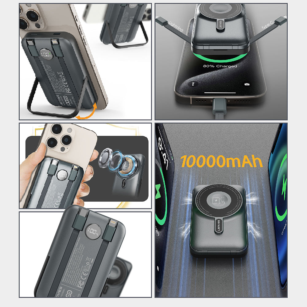 Lenyes PW1006D Dijital LED Ekranlı Standlı Wireless Powerbank 15W 10000mAh Gri
